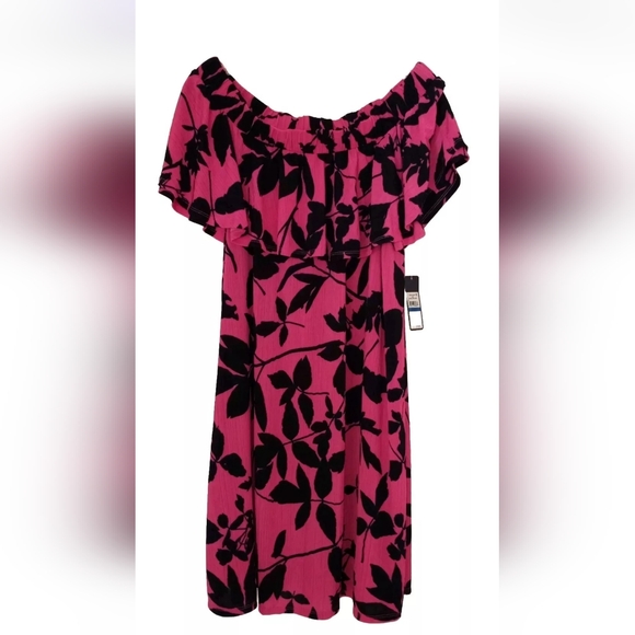NWT RACHEL Rachel Roy Sz XL Ruffled Paradise Pink & Navy Off The Shoulder Dress - Picture 1 of 8